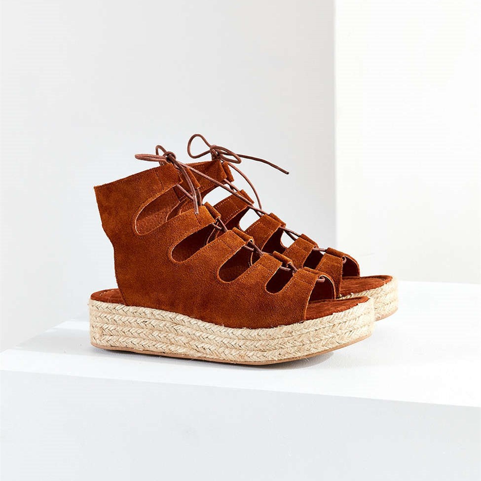 GOOSHOE Tan Lace-up Open Toe Wedge Sandals