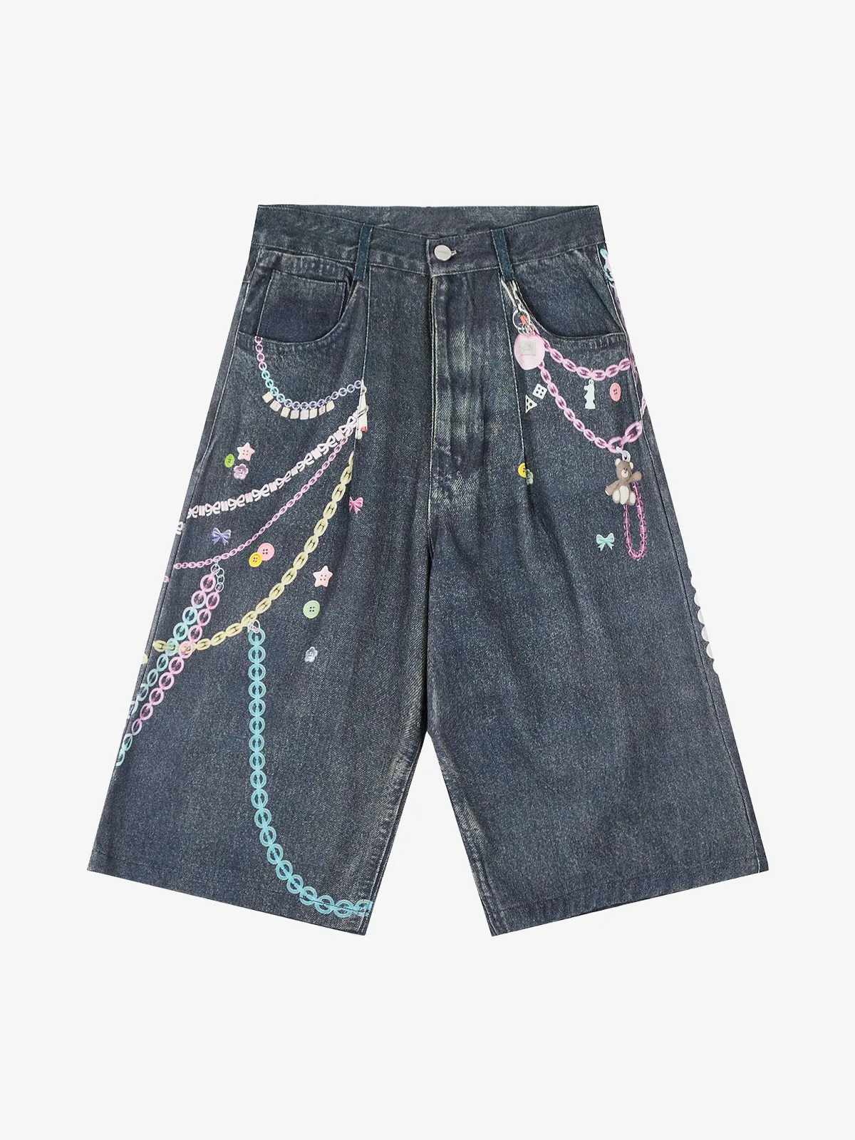 Blue Act Chic Washed 3D Chain Print Baggy Jorts Front