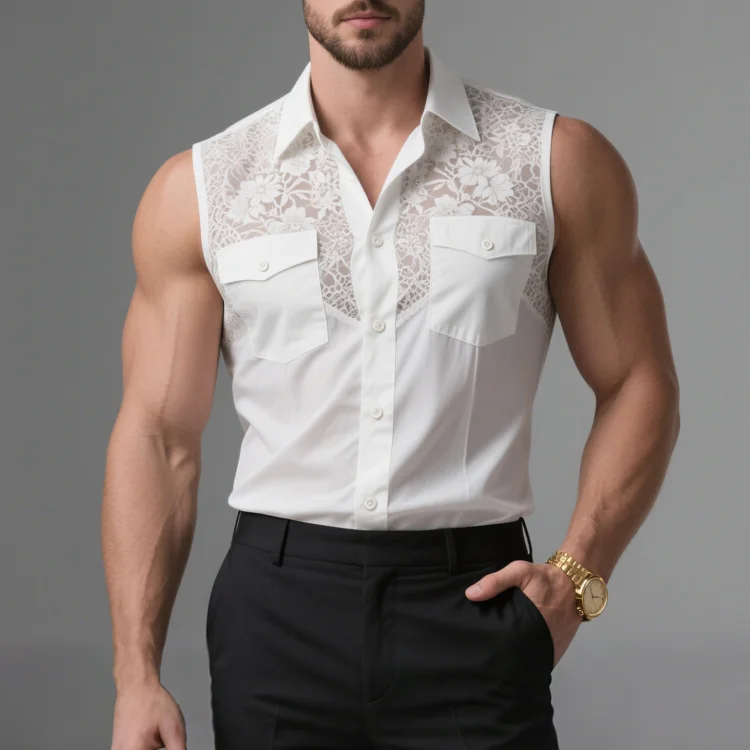 Okaywear Floral Lace Patchwork Flap Pocket Button Sleeveless Shirt 
