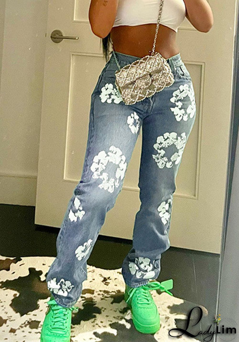 Women Daisy Print High Rise Denim Straight-Leg Pants