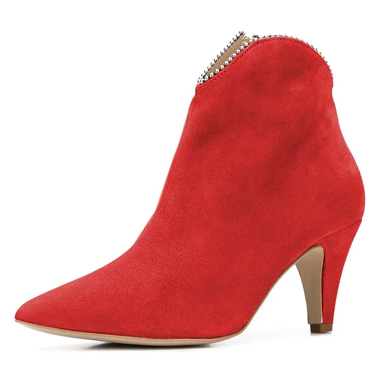 Red Vegan Suede Zipper Pointy Toe Cone Heel Ankle Boots |FSJ Shoes