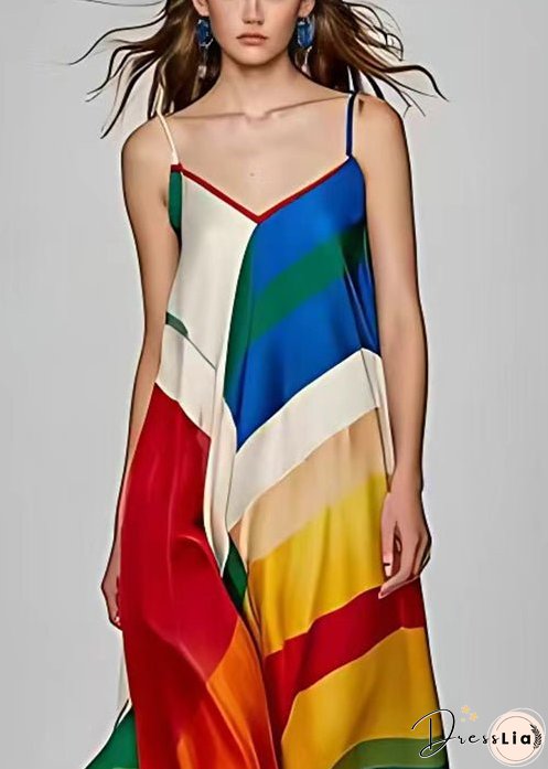 Stylish Photo Color V Neck Print Silk Spaghetti Strap Dress Sleeveless