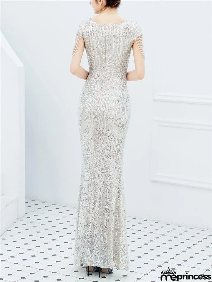 Stunning Sequined V Neck Mermaid Dinner Dresses for Ladies