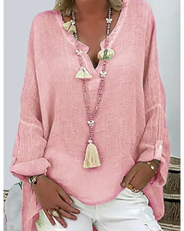 Women's Plus Size T shirt Solid Colored Long Sleeve V Neck Tops Loose Basic Top White Black Blushing Pink-806