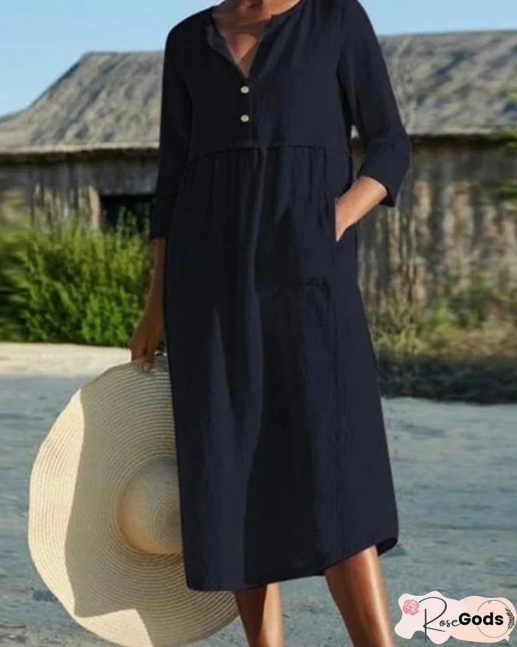 Cotton and Linen Pocket 3/4 Sleeve Dress