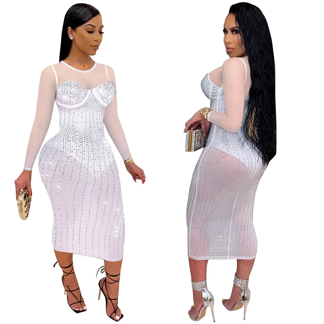 Elegant Sheer Mesh Diamonds Patchwork Long Sleeve Long Dress Sexy See Through Party Club Dresses Women Plus Size Outfit Vestidos
