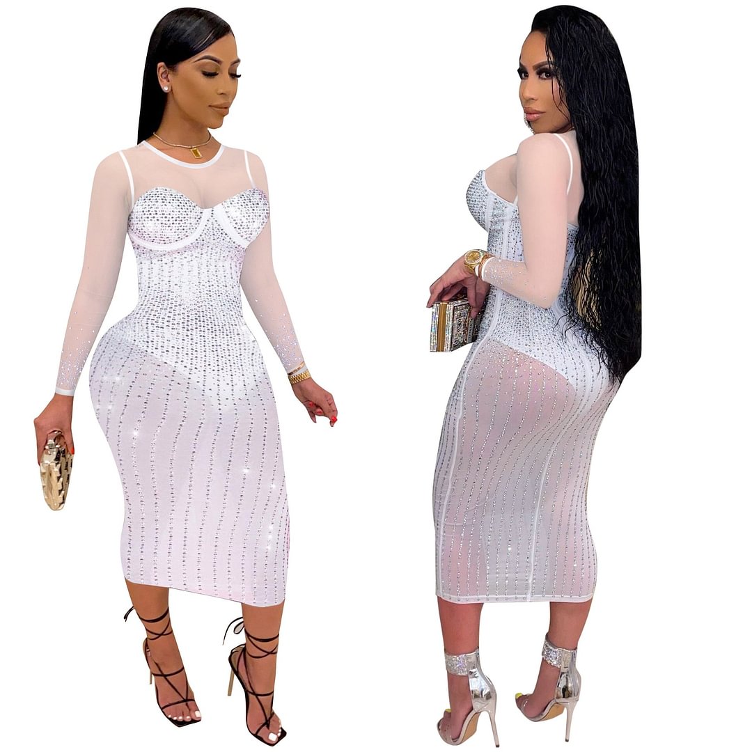 Elegant Sheer Mesh Diamonds Patchwork Long Sleeve Long Dress Sexy See Through Party Club Dresses Women Plus Size Outfit Vestidos
