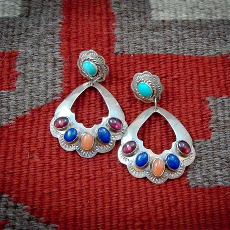 Boho Metal Inlaid Color Stone Pendant Earrings for Women
