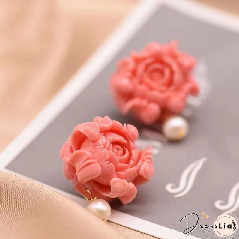Regular Red Sterling Silver Pearl Floral Stud Earrings