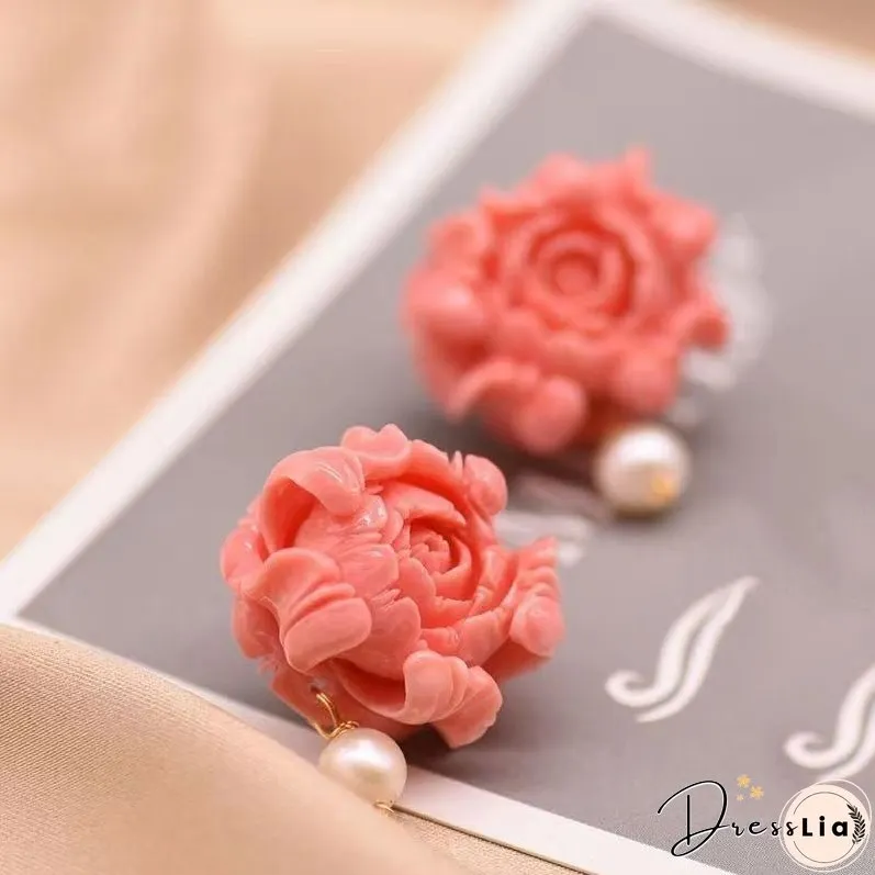 Regular Red Sterling Silver Pearl Floral Stud Earrings