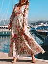 Floral Print Deep V-Neck Long Sleeve Empire Fashion Maxi Dress