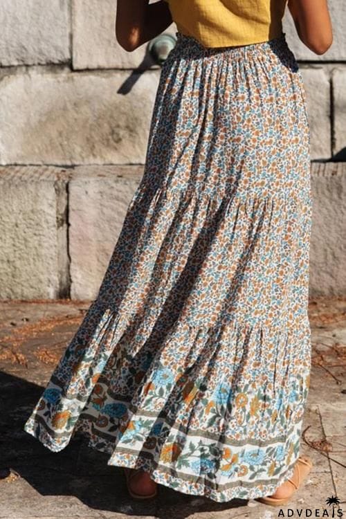 Boho Floral Print Elastic High Waist Pleated A Line Maxi Skirt