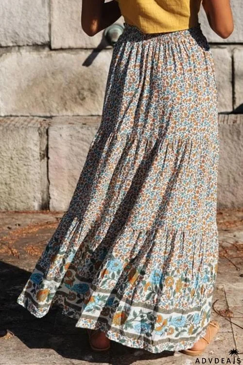 Boho Floral Print Elastic High Waist Pleated A Line Maxi Skirt