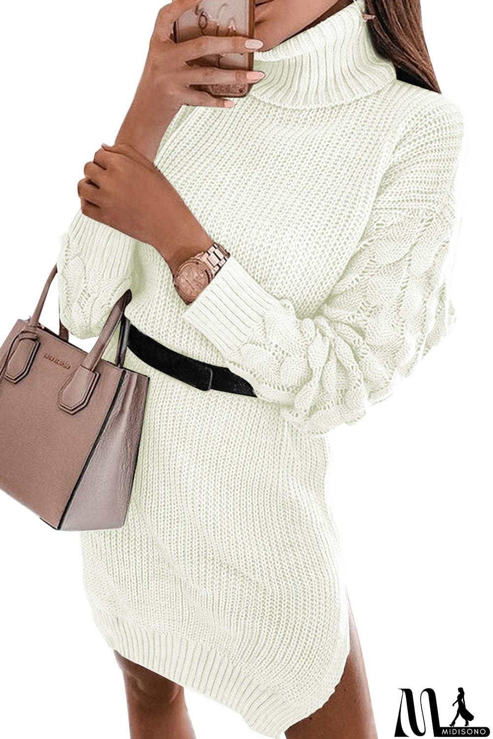 MidiSono - Plain Turtleneck Sweater Dress with Slits