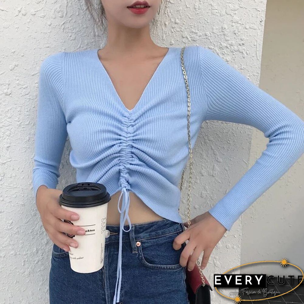 Sexy Neck Lace Crop Sweaters Women Solid Long Sleeve Knitted Pullover Womens Korean Style