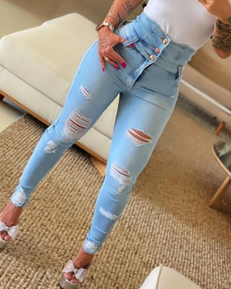 2021 New Streetwear Womens Clothing High Waist Button Ripped Tight Jeans Fashion Casual Bodycon Trousers Skinny Denim Long Pants