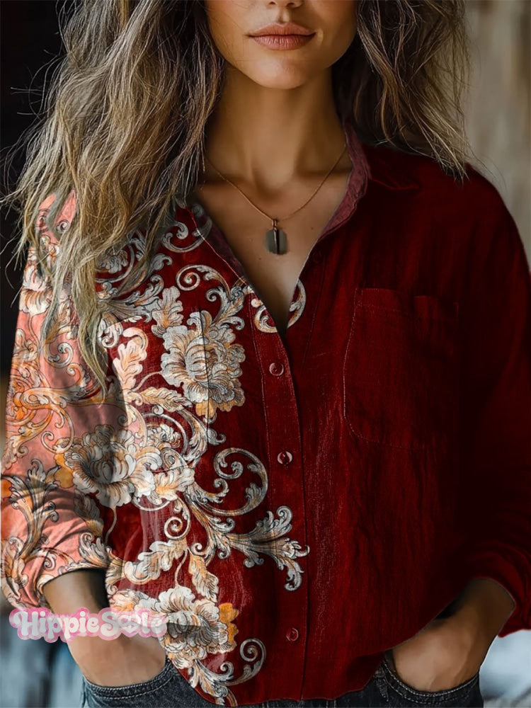 Women’s Retro Floral Print Casual Long Sleeve Comfortable Cotton Shirt Multicolor / S