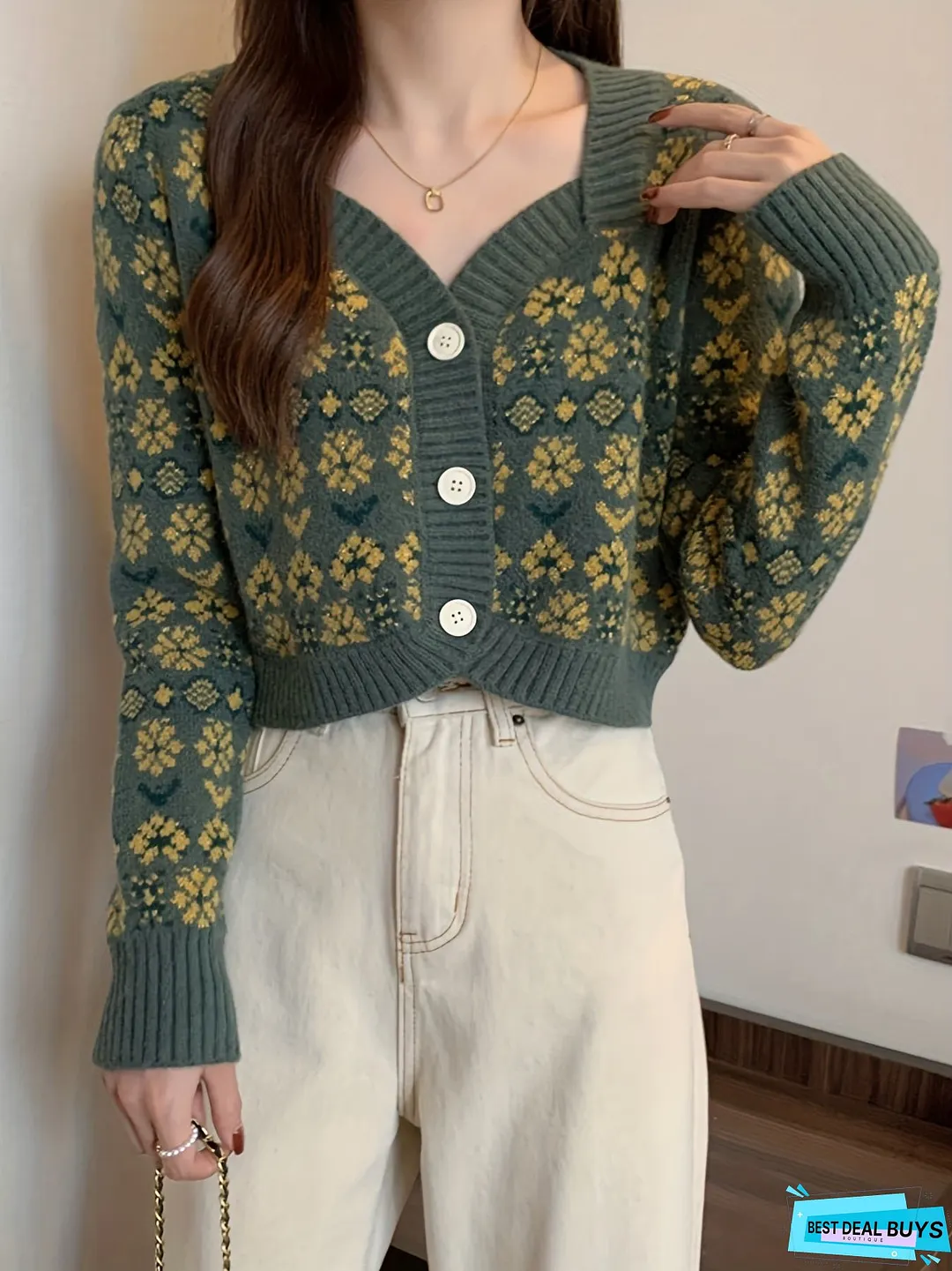 Floral Pattern Button Down Knit Cardigan, Cute Long Sleeve Crop Sweater, Women's Clothing