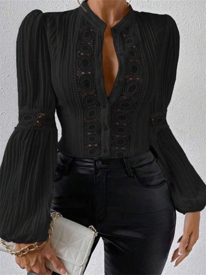 Spring Women's New Fashion Lace Lantern Long-sleeved Solid-color Stand-up Collar Shirts-JRSEE