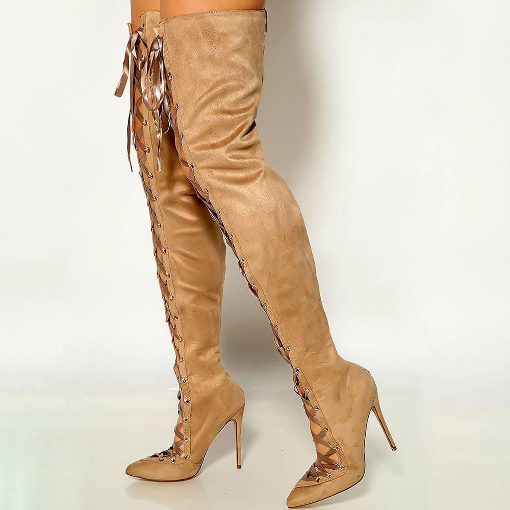Brown Stiletto High Heel Pointed Toe Lace-Up Over the Knee Boots