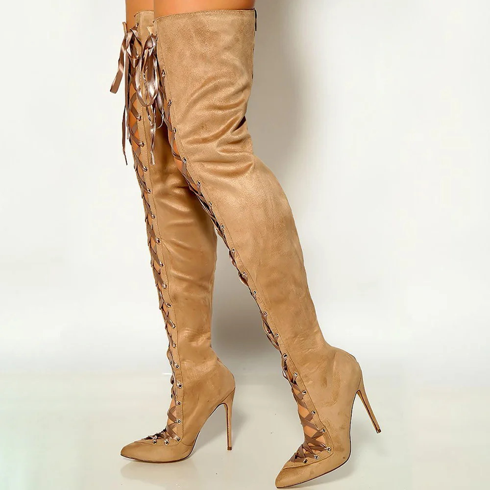 Brown Stiletto High Heel Pointed Toe Lace-Up Over the Knee Boots