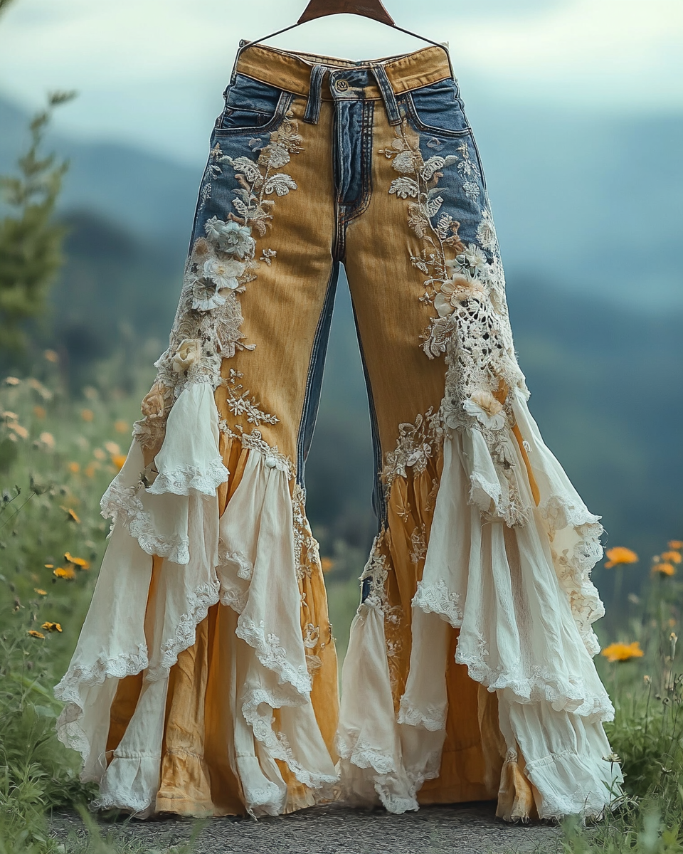 Summer ruffled denim cotton and linen patchwork contrast color pants