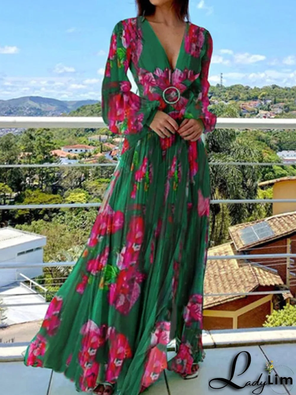 Elegant Floral Deep V Neck Long Sleeve Maxi Pleated Dress