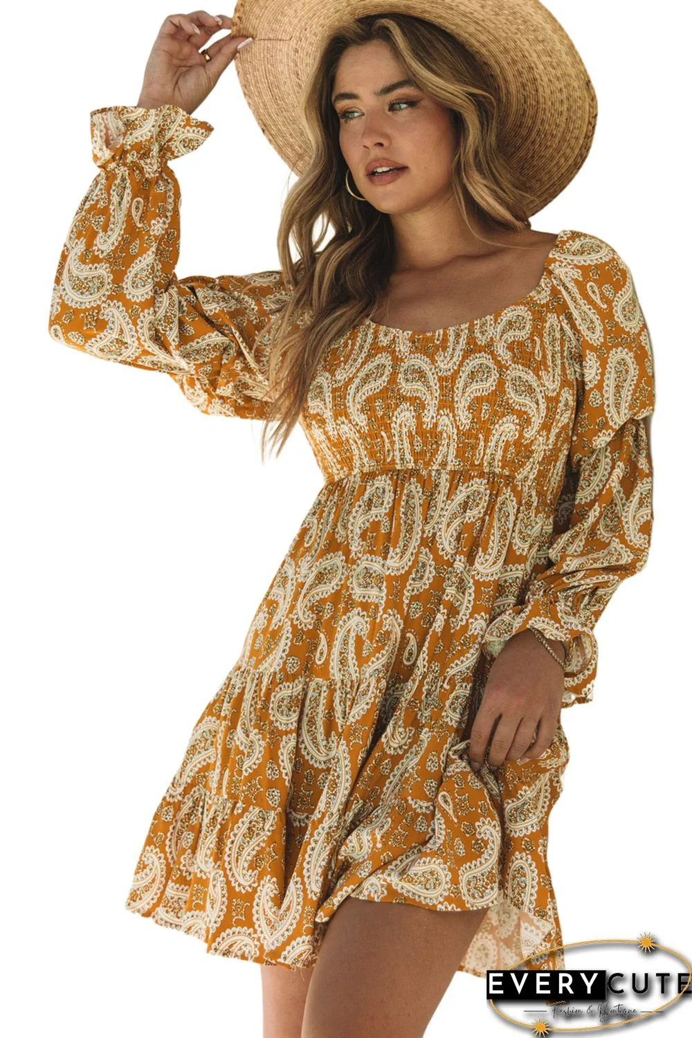 Yellow Boho Paisley Long Sleeve Floral Dress