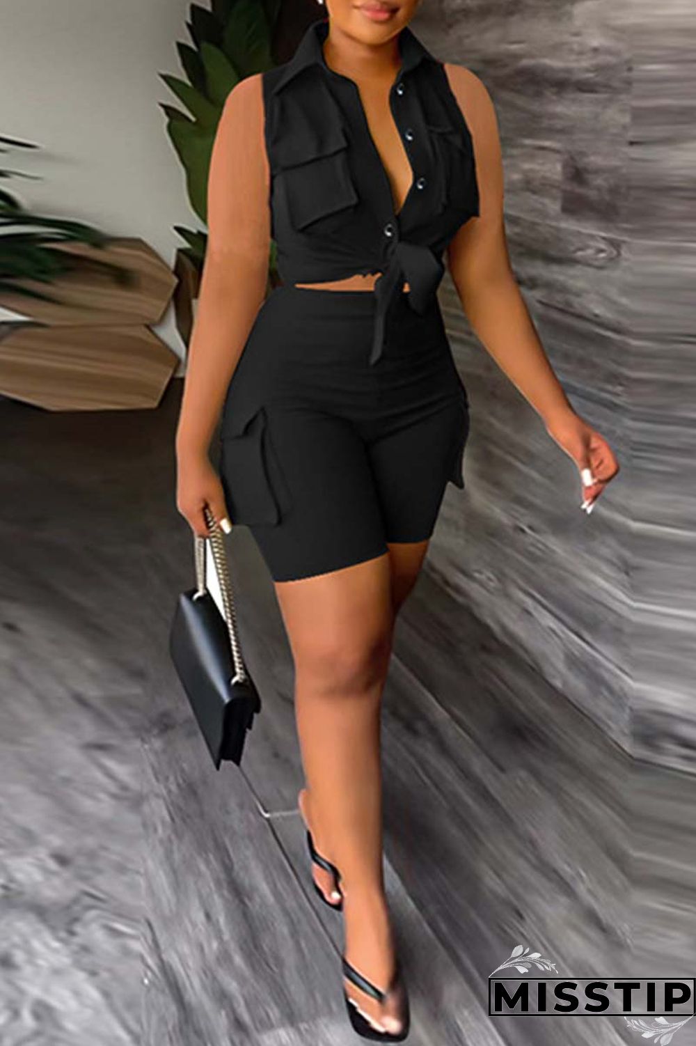 Khaki Casual Solid Patchwork Turndown Collar Sleeveless Two Pieces