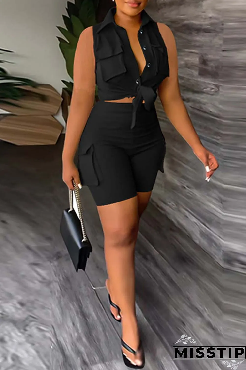 Khaki Casual Solid Patchwork Turndown Collar Sleeveless Two Pieces