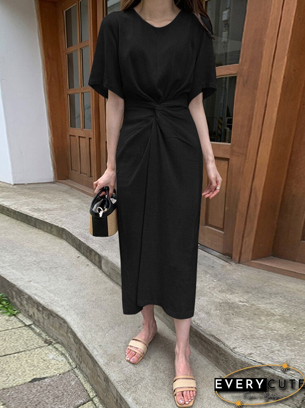 Cotton Solid Bowknot Short Sleeve Maxi Dress