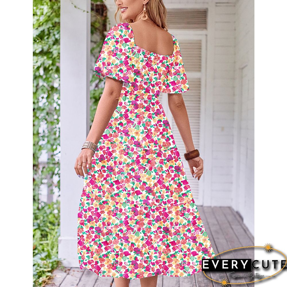 Pink Puff Sleeves Back Pleated Floral Dress