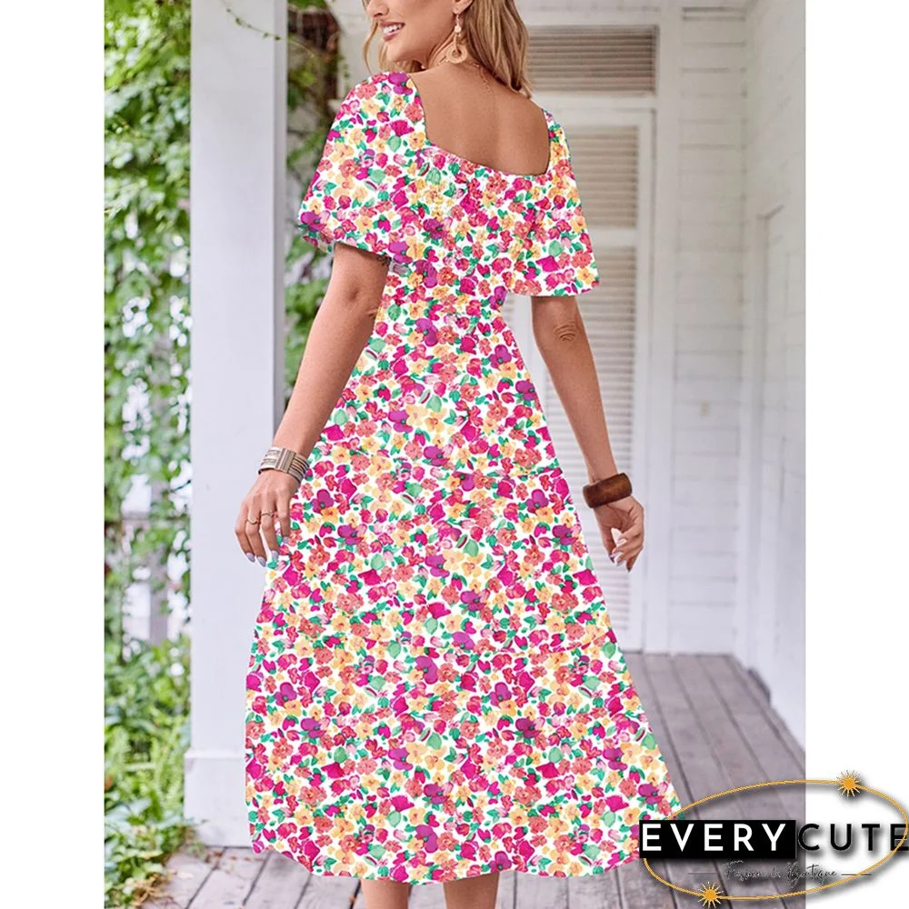 Pink Puff Sleeves Back Pleated Floral Dress