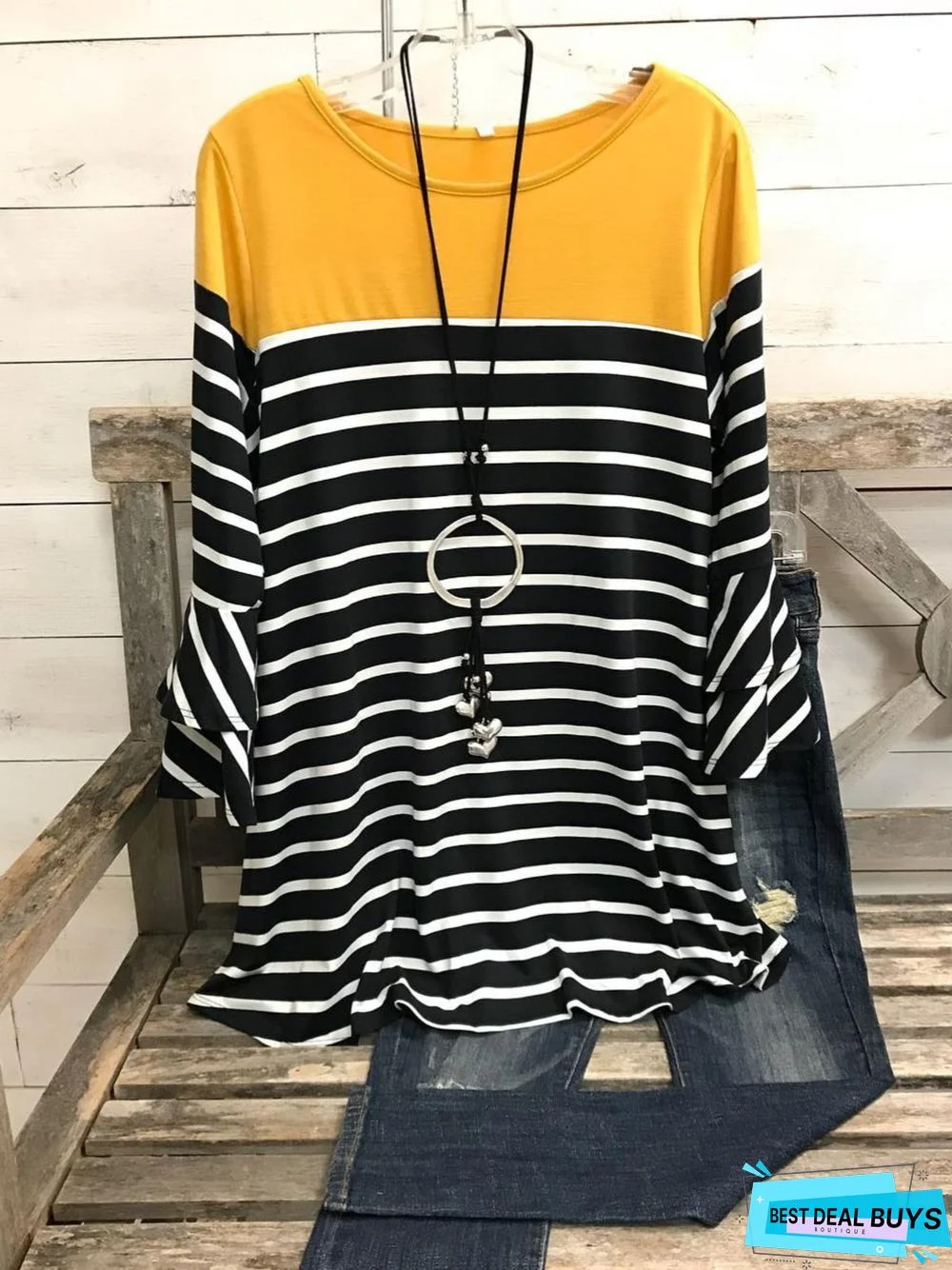 Crew Neck Striped Long Sleeve Casual Tunic T-Shirt