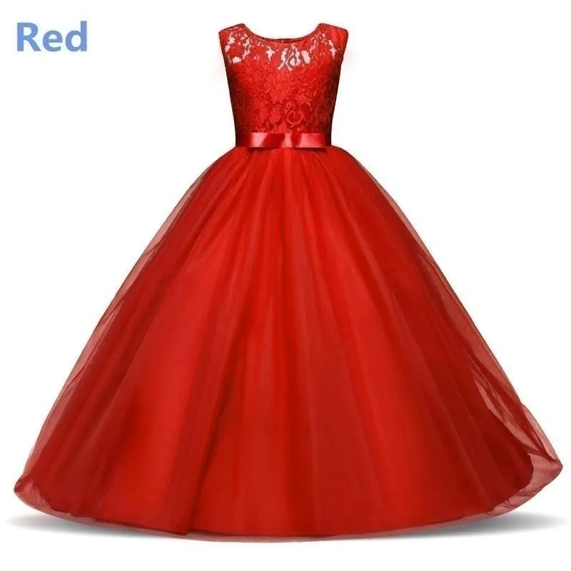 Teenager Girls Princess Dress For Children Wedding Party Bridesmaid Lace Red Dress Kid Birthday Evening Pageant Ball Gown 14Year