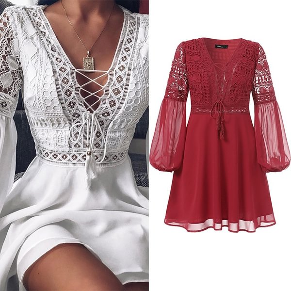 Women Crochet Lace Mini Dress Puff Long Sleeve V Neck Lace Up Stitching Evening Party Casual Pleated A Line Dress Plus Size - Life is Beautiful for You - SheChoic