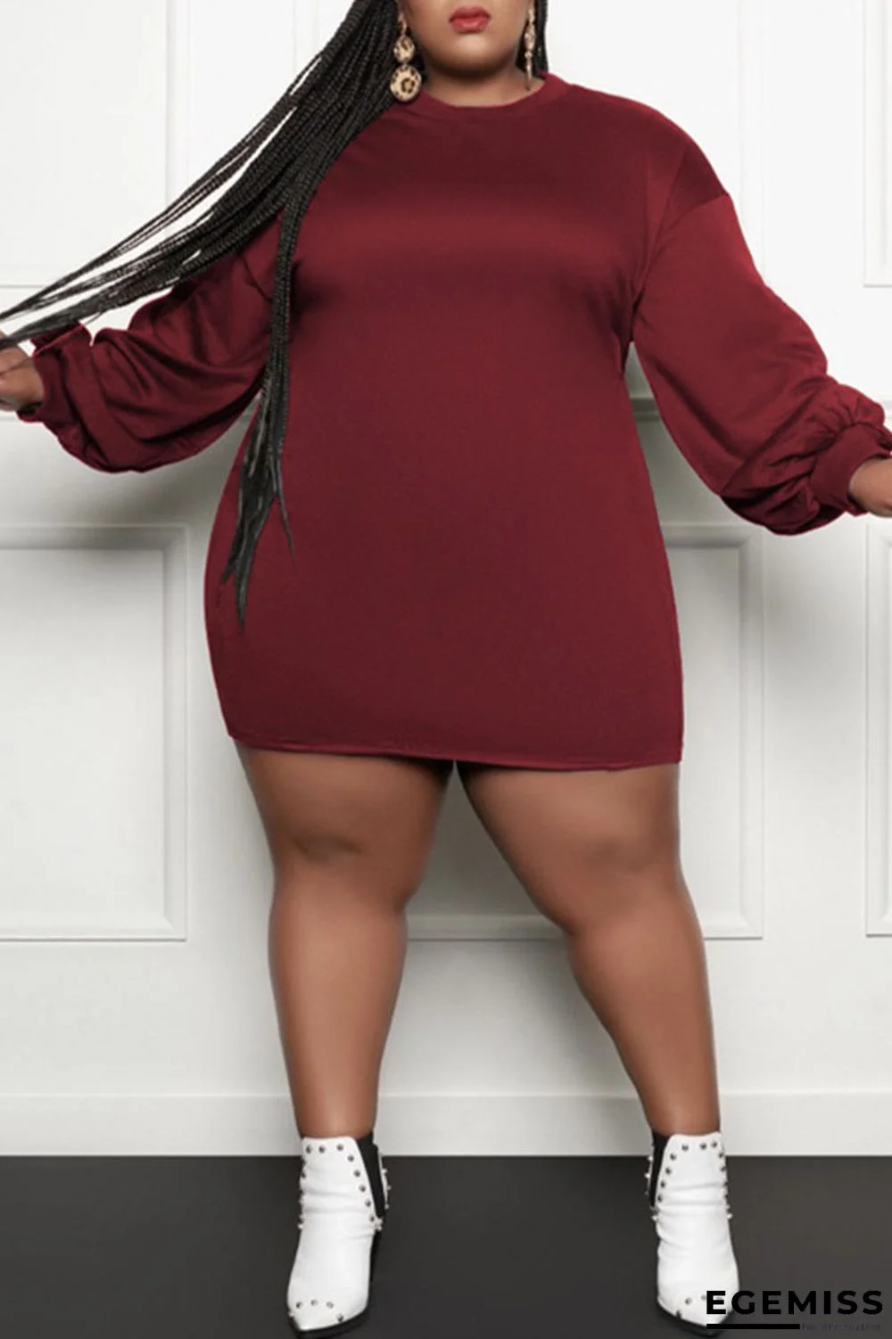 Burgundy Casual Solid Patchwork O Neck Straight Plus Size Dresses | EGEMISS