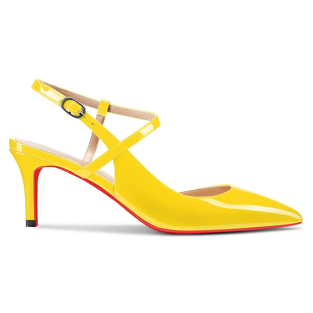 65mm Women Slingback Pumps Ankle Strap Jenlove Stiletto Mid Heel Close Pointed Toe Dress Red Bottoms Shoes-vocosishoes