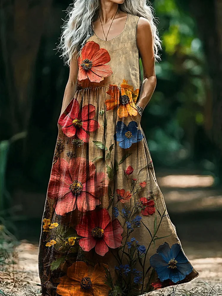 Women's 3D Floral Art Print Round Neck Sleeveless Cotton Pocket Dress