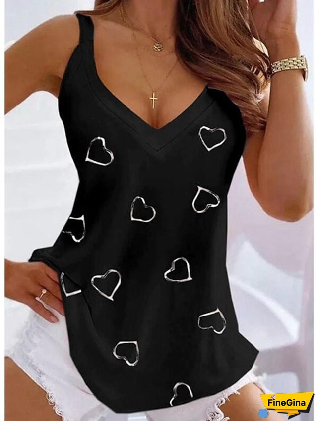 Women's Tank Top Going Out Tops Summer Tops Black White Pink Heart Print Sleeveless Casual Weekend Tunic Basic V Neck Regular S