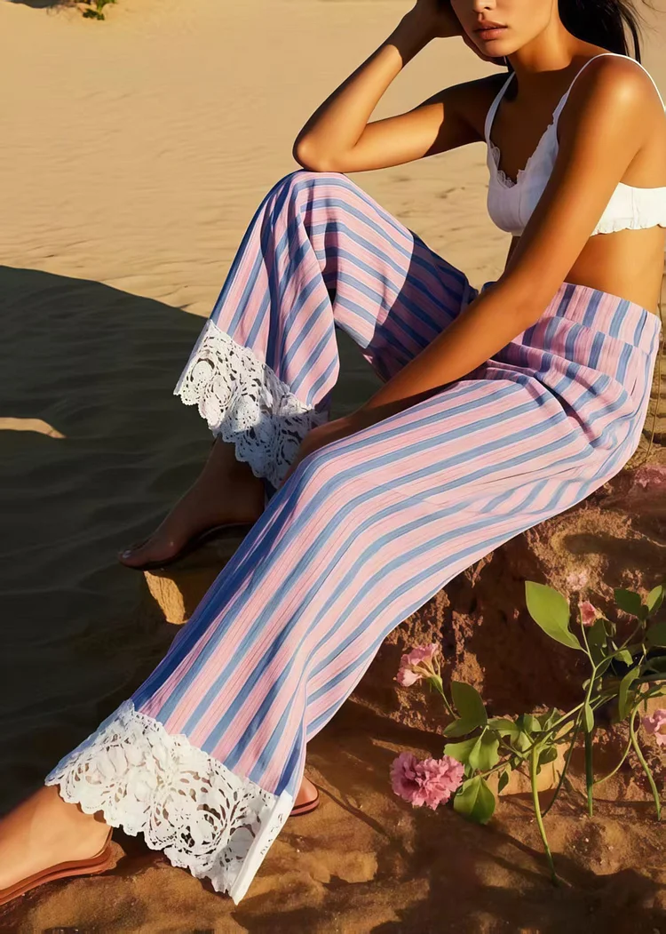 Style Polychrome Striped Patchwork Lace Straight Pants Summer