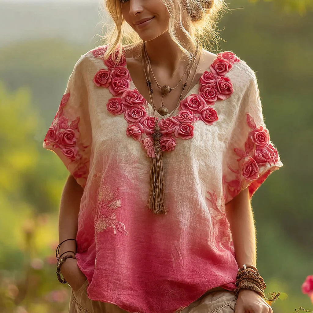 Cozy Pink Rose Gradient Art Short Sleeve Linen Blend T-shirt