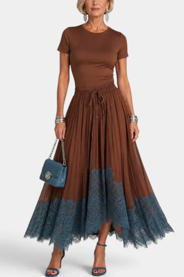 Round-Neck Crop Top with Tiered Lace Hem Skirt