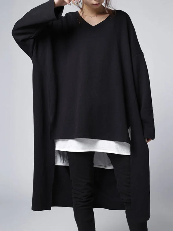 Casual Loose Solid Color Split-Side High-Low V-Neck Long Sleeves Sweatshirt