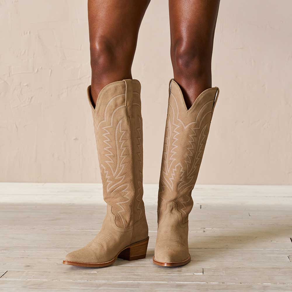 Beige Embroidered Almond Toe Chunky Heel Knee-High Cowgirl Boots Nicepairs