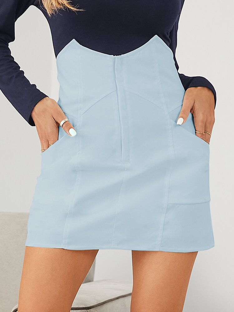 Solid Irregular High Waist Pocket Zipper Front Skirt - Life is Beautiful for You - SheChoic