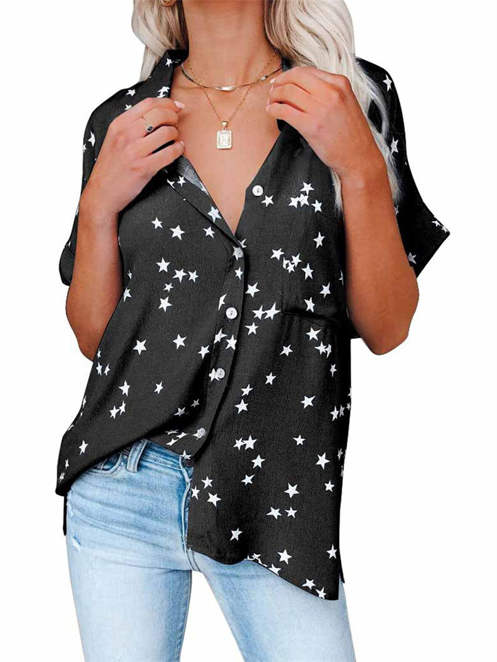 Summer Women's New Pentagram Printed V-neck Buckle Bat Short Sleeve Chiffon Top