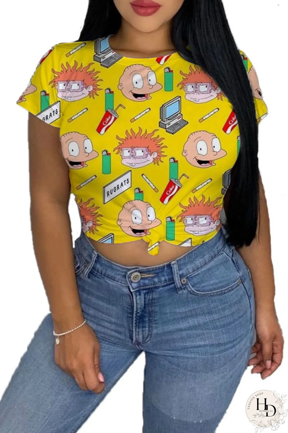 cartoon Green Yellow cartoon Multi-color purple Polyester O Neck Short Sleeve Patchwork Print Character Tops