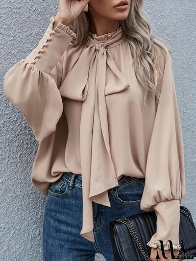 MidiSono - Tie Neck Lantern Sleeve Blouse
