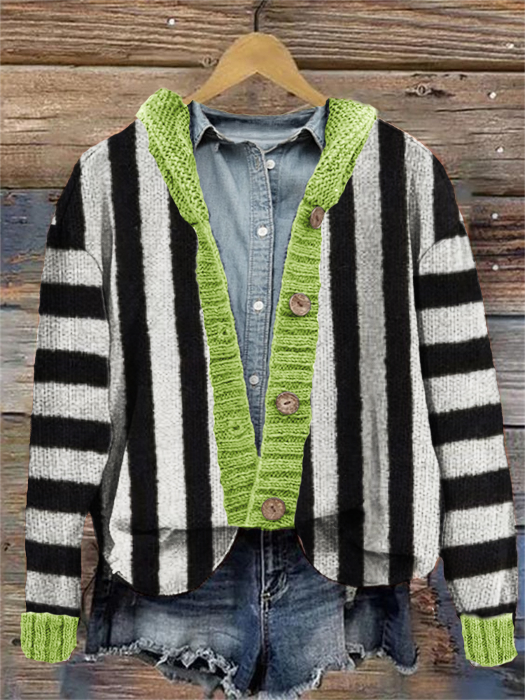Halloween Horror Movie Inspired Striped Contrast Hooded Cardigan